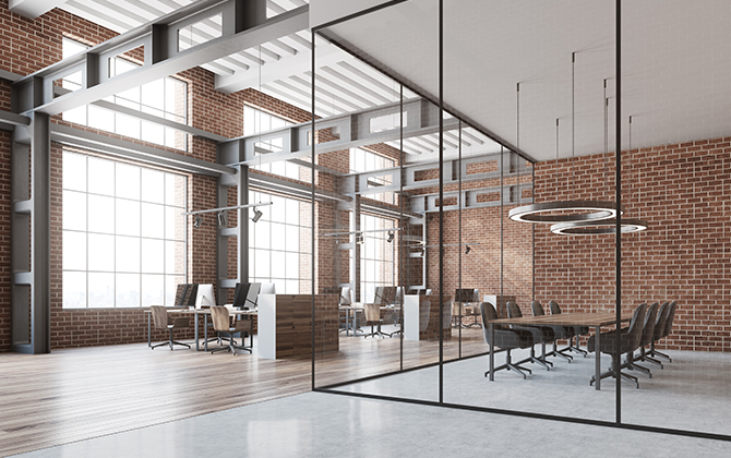 Open Office Plan With Glass Partition Meeting Room 